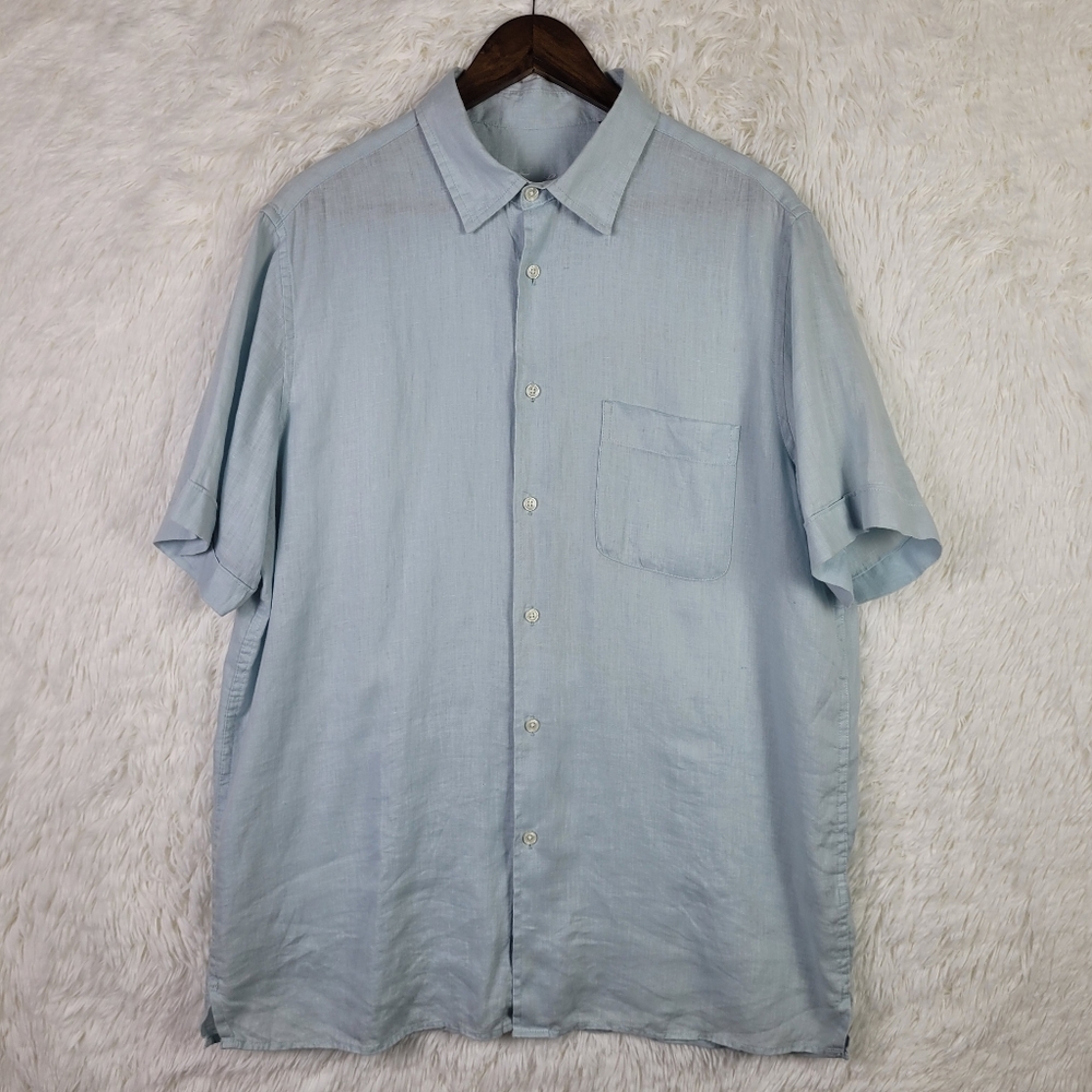 Large Tasso Elba Men's Powder Blue Linen Shirt Beachy‎ Preppy